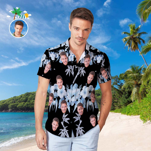 Custom Face Hawaiian Shirt Men's Popular All Over Print Hawaiian Beach Shirt Holiday Gift - White Flowers - MyFaceBoxerUK