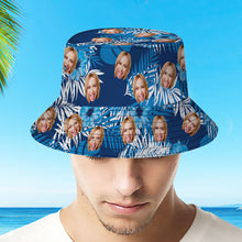 Custom Bucket Hat Personalized Face All Over Print Tropical Flower Print Hawaiian Fisherman Hat - Blue Leaves