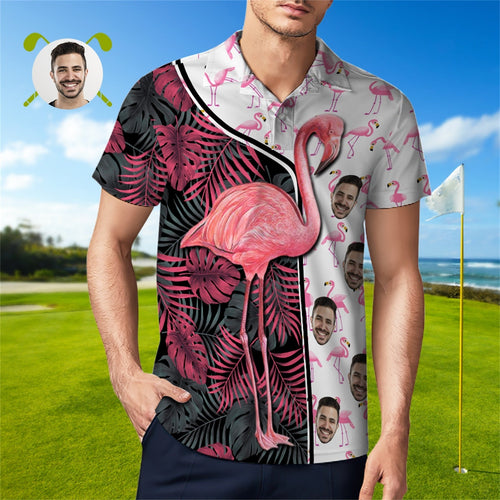 Custom Face Polo Shirt For Men Funny Flamingo Hawaiian Golf Shirts - MyFaceBoxerUK