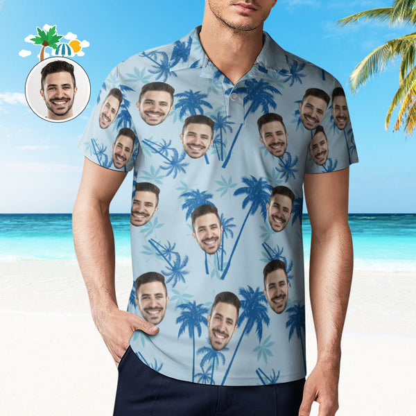 Men's Custom Face Polo Shirt Personalized Light Blue  Hawaiian Golf Shirts - MyFaceBoxerUK