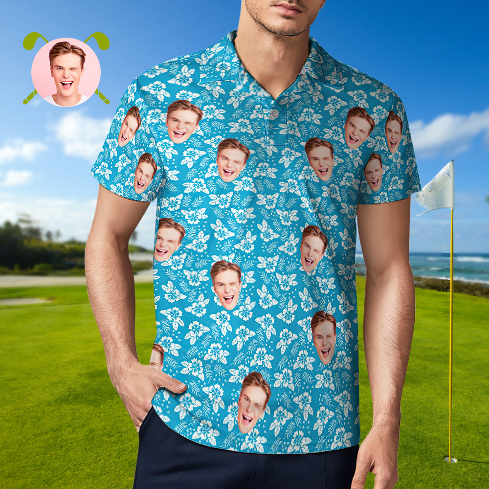 Men's Custom Face Polo Shirt Blue Crush Personalized Hawaiian Golf Shirts Gift for Him - MyFaceBoxerUK