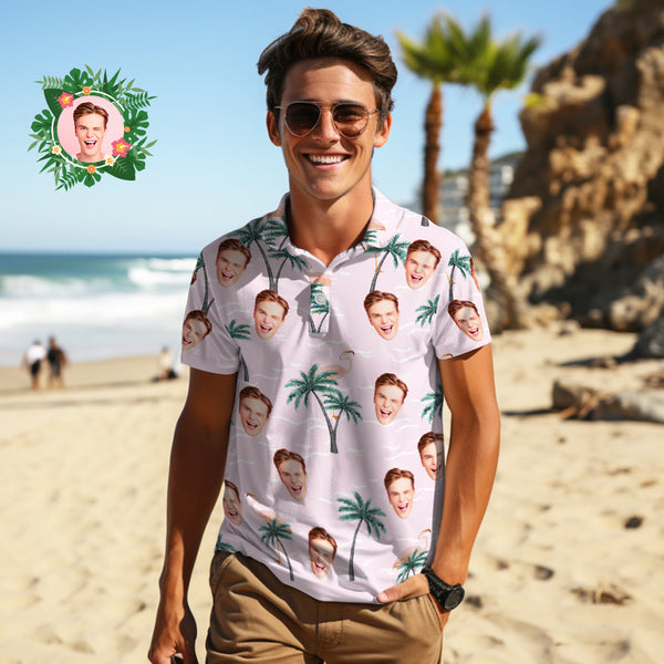 Men's Custom Face Polo Shirt Pink Flamingos Personalized Hawaiian Golf Shirts Gift for Him - MyFaceBoxerUK