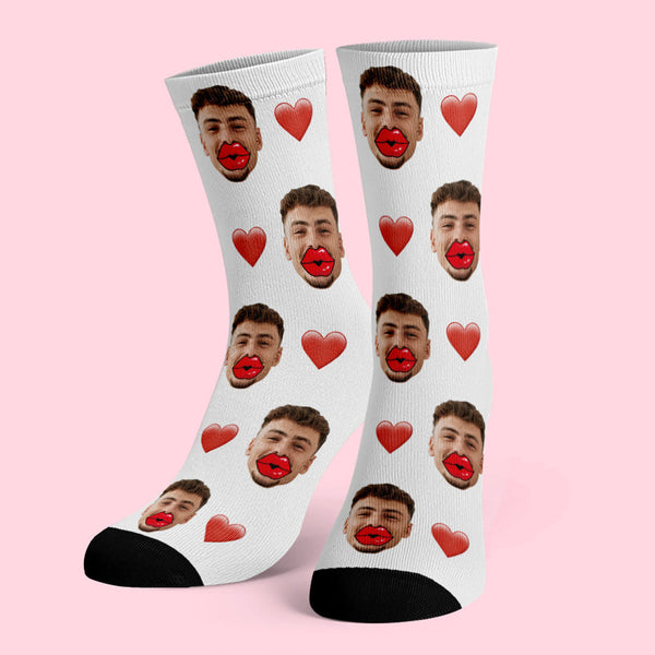 Custom Face Socks AR View Heart and Red Lips Socks Valentine's Day Gift - MyFaceBoxerUK