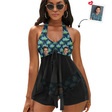 Custom Face Boyfriend Women's Strappy Neck Dress Swimsuit - Leaf