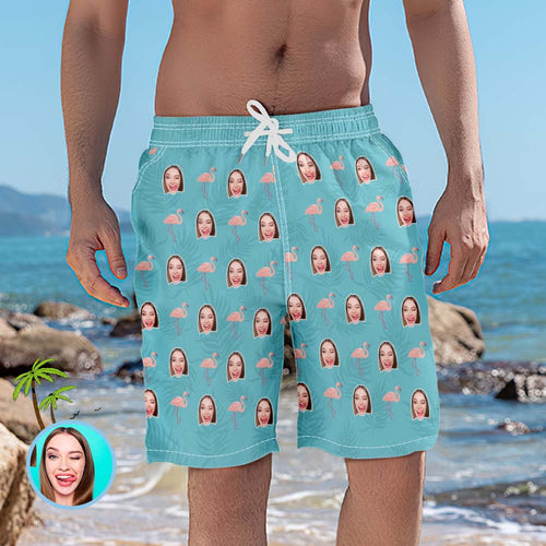 Custom Head Photo and Flamingo Blue Men's Beach Trunks - MyFaceBoxerUK