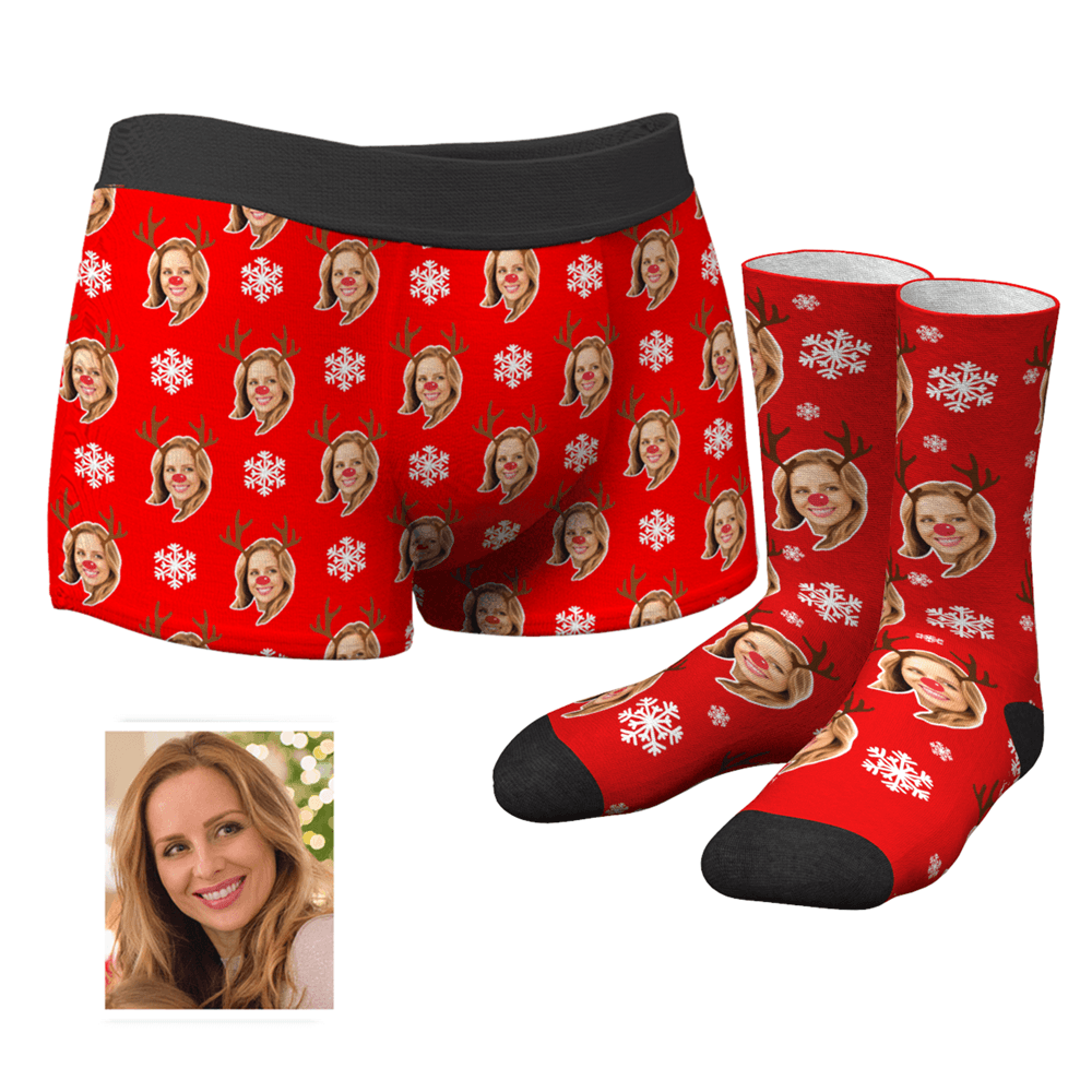 Men's Custom Christmas Reindeer Face Boxer Shorts And Crew Socks Set - MyFaceBoxerUK