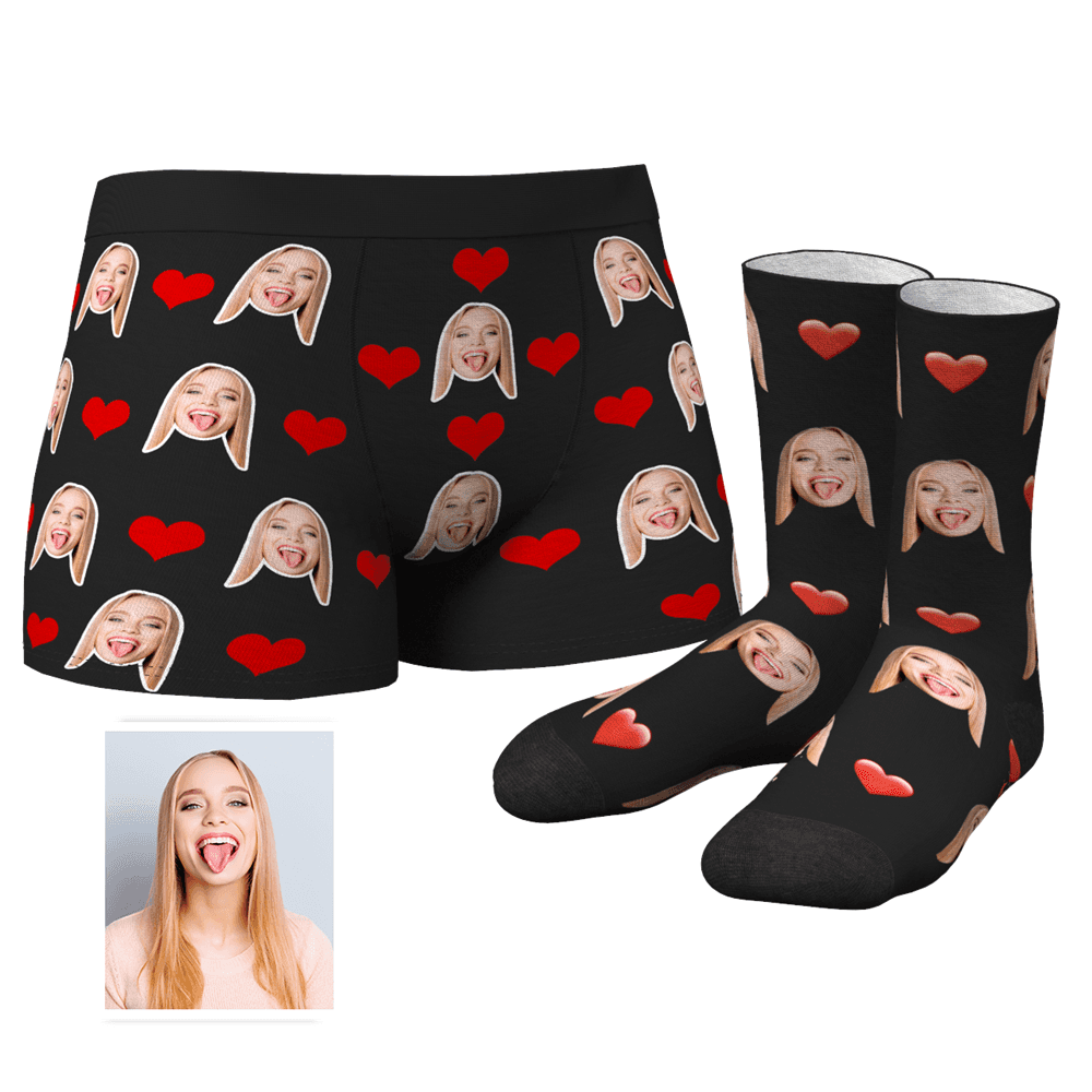 Men's Custom Heart Boxer Shorts And Crew Socks Set - MyFaceBoxerUK